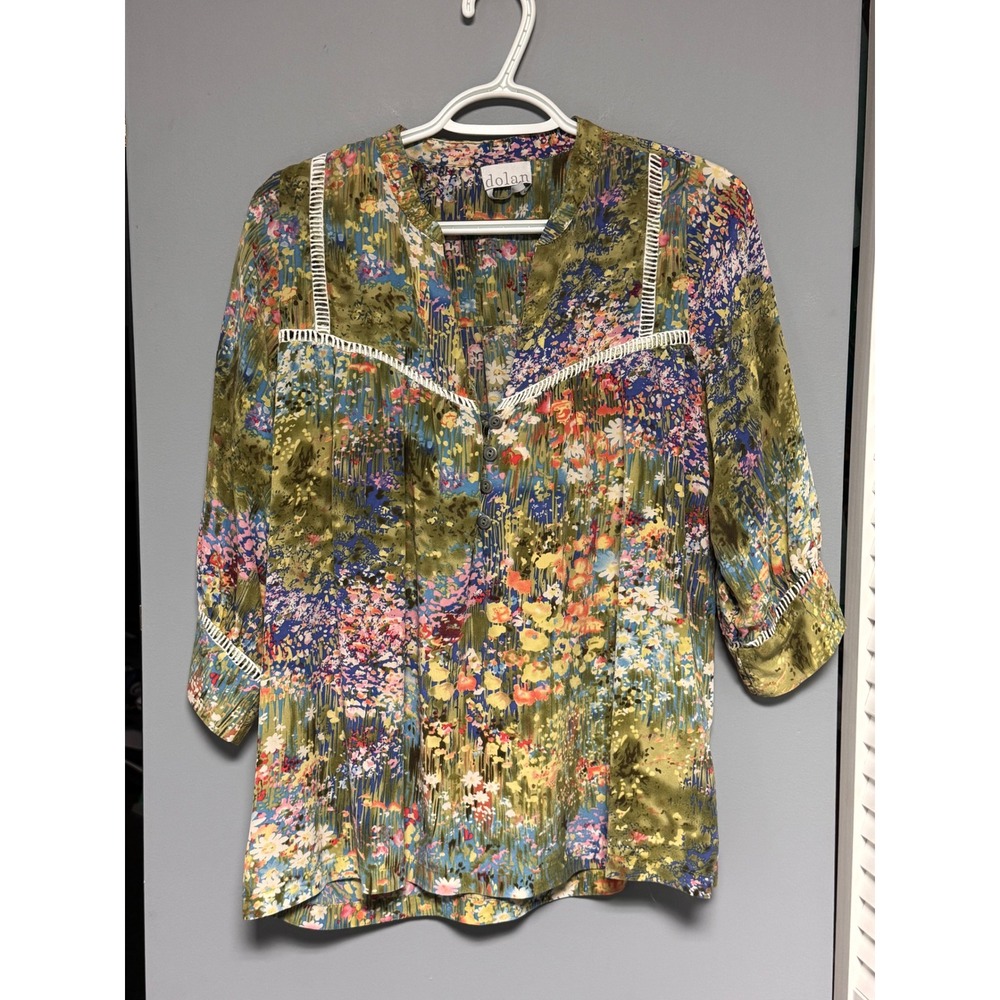 Dolan Los Angeles 100% Silk Floral Blouse Green Blue Lace Detail Large Boho